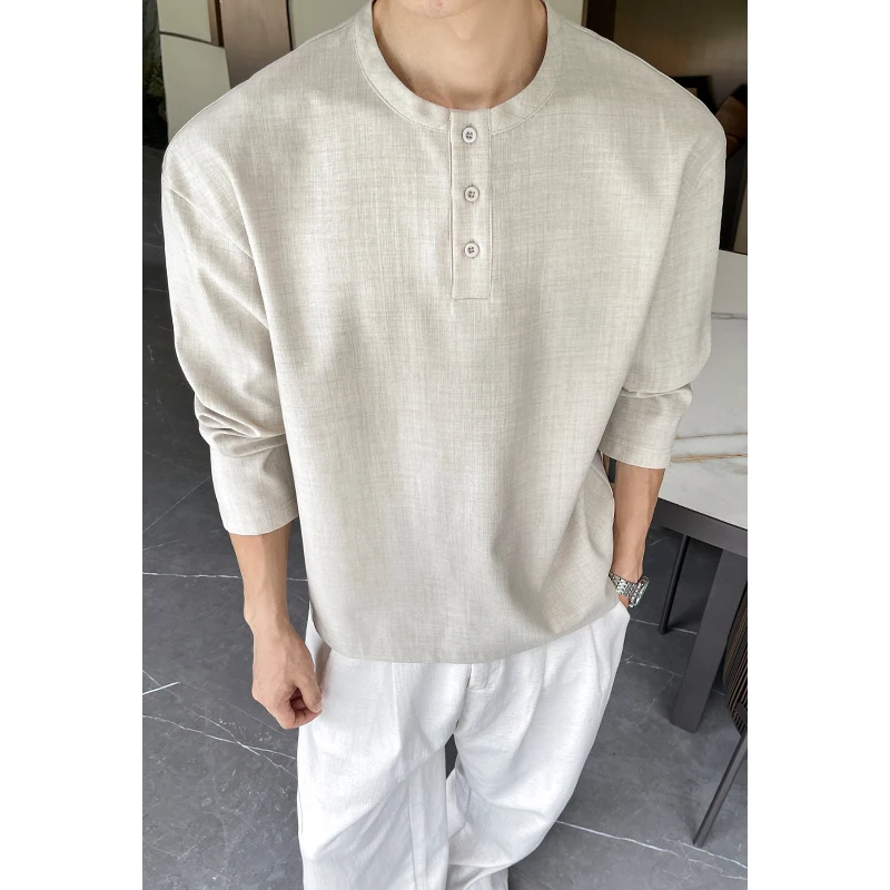 Mens Casual Faux Linen Henley  - Embellish Knit ulasan dan harga